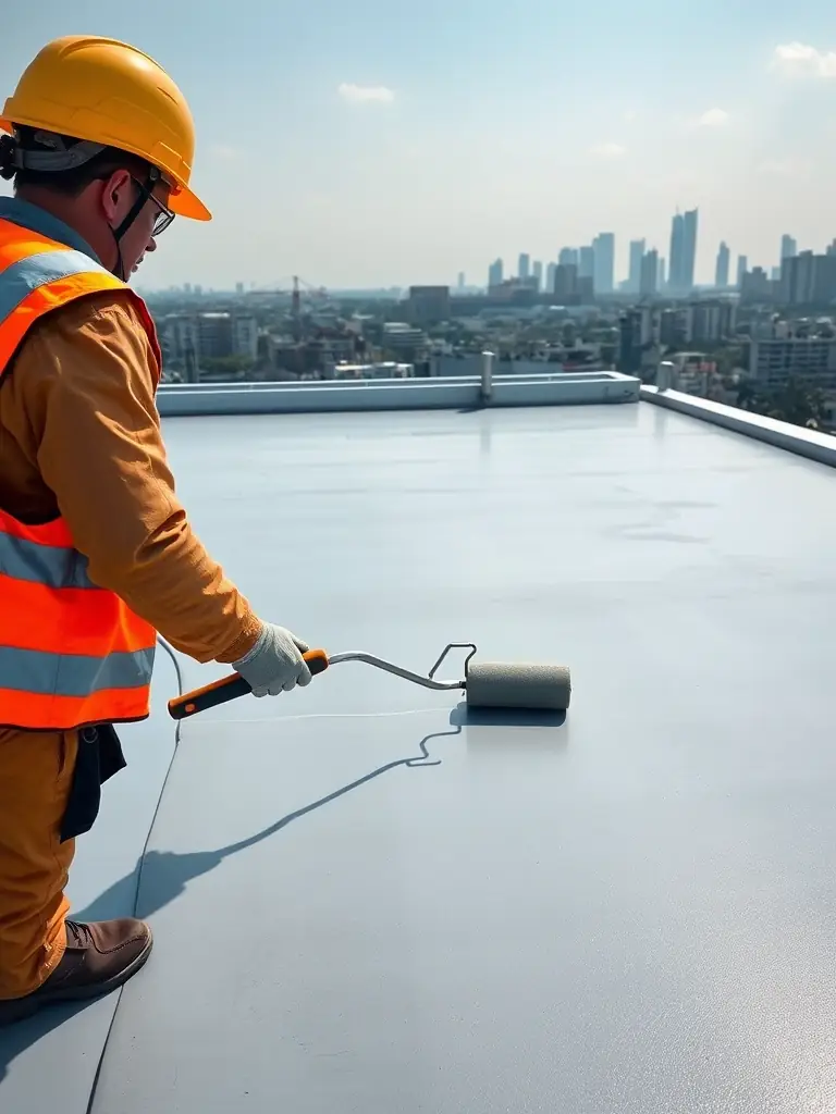 A worker applying a layer of NABER waterproofing membrane on a flat roof, demonstrating the ease of application and the seamless coverage it provides. The skyline of Ho Chi Minh City is visible in the distance.