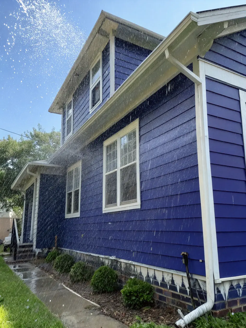 An exterior shot of a building painted with NABER's High-Quality Exterior Paint, demonstrating its resistance to weathering and fading. The building is located in a sunny, tropical environment.