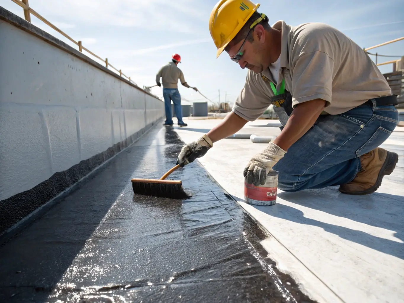 A construction worker applying a protective coating to a concrete surface, demonstrating the ease of use and effectiveness of Naber Vietnam's waterproofing solutions.
