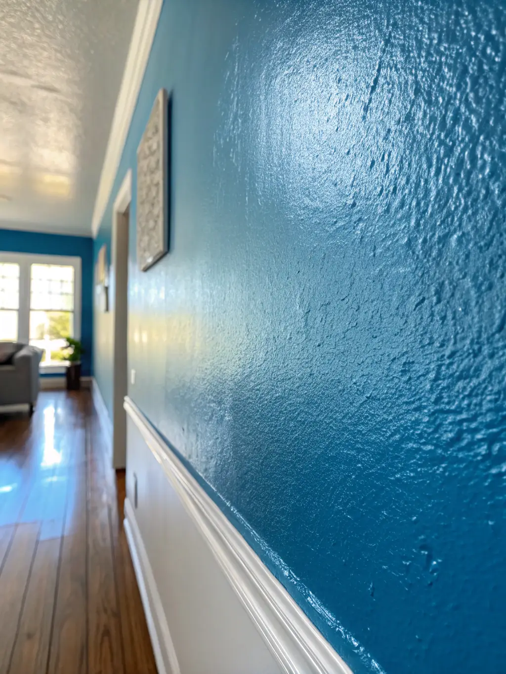 An image of a vibrant wall painted with NABER's high-quality paint, showcasing smooth coverage and color richness in a modern living room.
