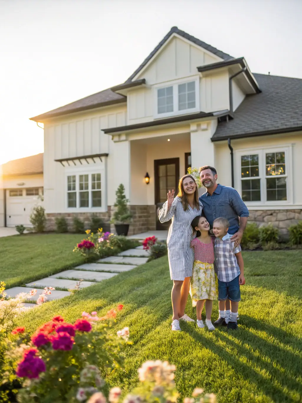 An image of a family smiling in front of a newly painted house, emphasizing the eco-friendly and safe nature of NABER's paints.