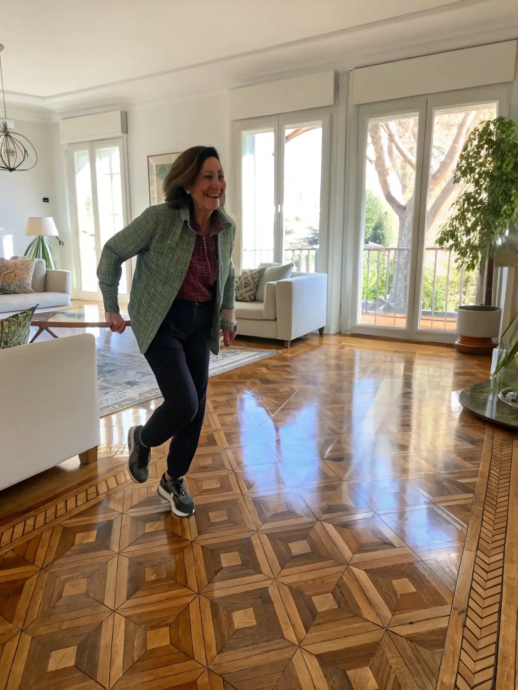 A vibrant image of a freshly painted interior wall using NABER's High-Quality Interior Paint, showcasing the smooth finish and rich color. A person is smiling in the background.