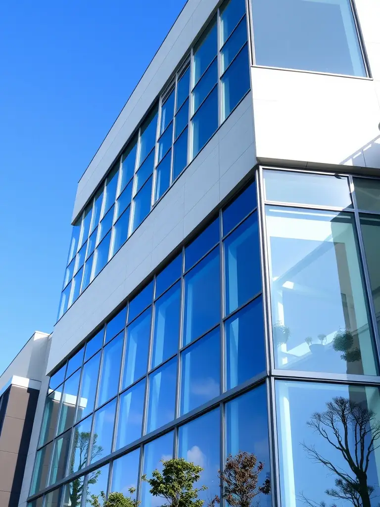 An image showcasing a building facade with a seamless waterproof coating applied, highlighting the product's durability and finish, under a clear blue sky.